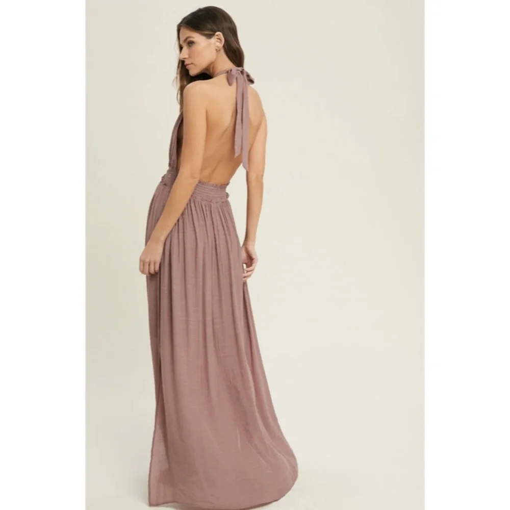 SOLD OUT Dark Mauve Solid Halter Smocked Waist Maxi Casual Boho Dress w/ Side - Picture 4 of 6